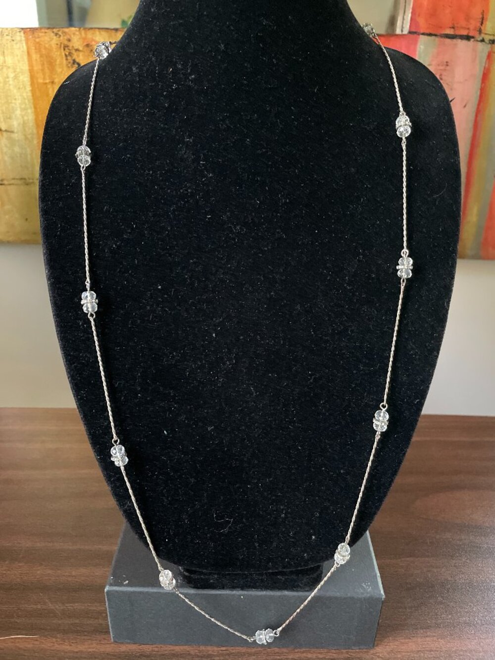 Vintage Monet Silver Tone Glass Bead Station Necklace — Long